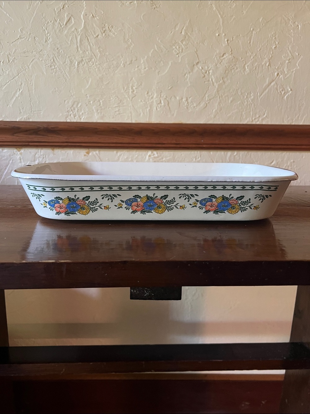 M K ARMENSTEIN White Rectangular Metal Baking Dish with Multicolor Floral Border